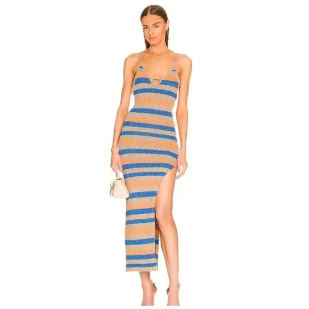 NWT Atoir REVOLVE Size 4 Cindy Midi Dress Stripe Orange Blue Brown Vacation Boho